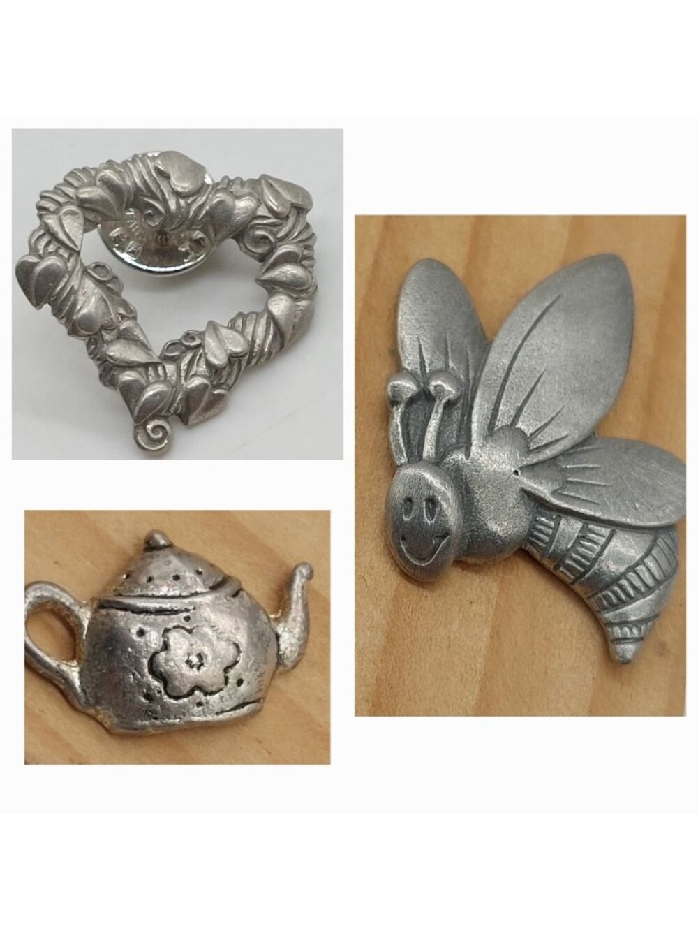 Pewter Pin Brooch Heart & Bee Signed LCD Plus Pewter Teapot Unsigned Lot Of 3